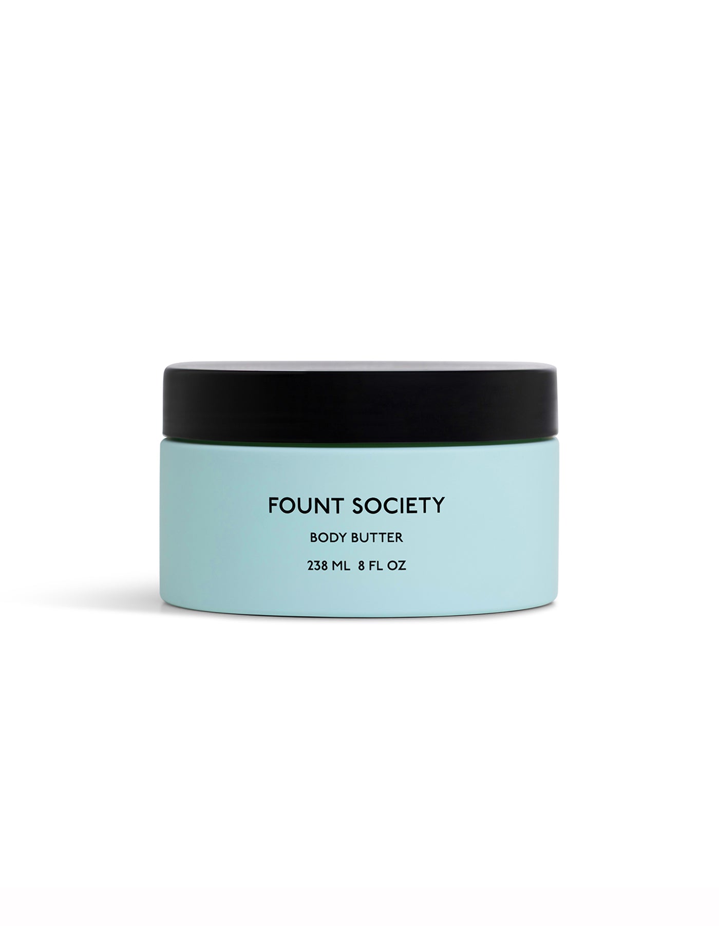 Light blue body butter jar with black lid on a white background |Size:Full Size