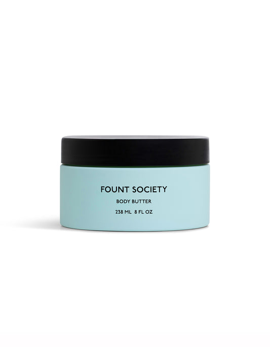 Light blue body butter jar with black lid on a white background |Size:Full Size