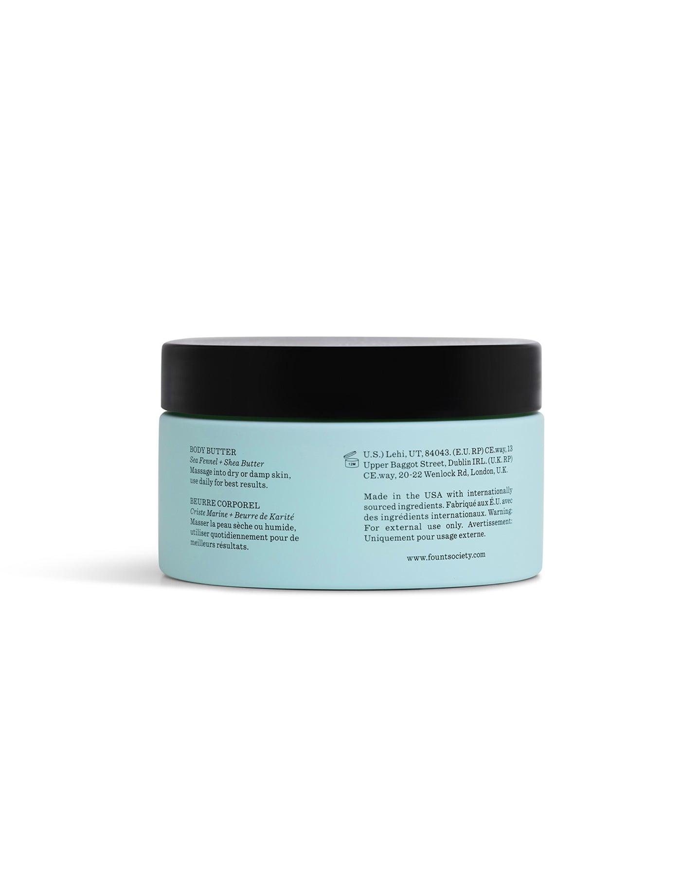 Cosmetic jar with black lid and light blue body on a white background |Size:Full Size