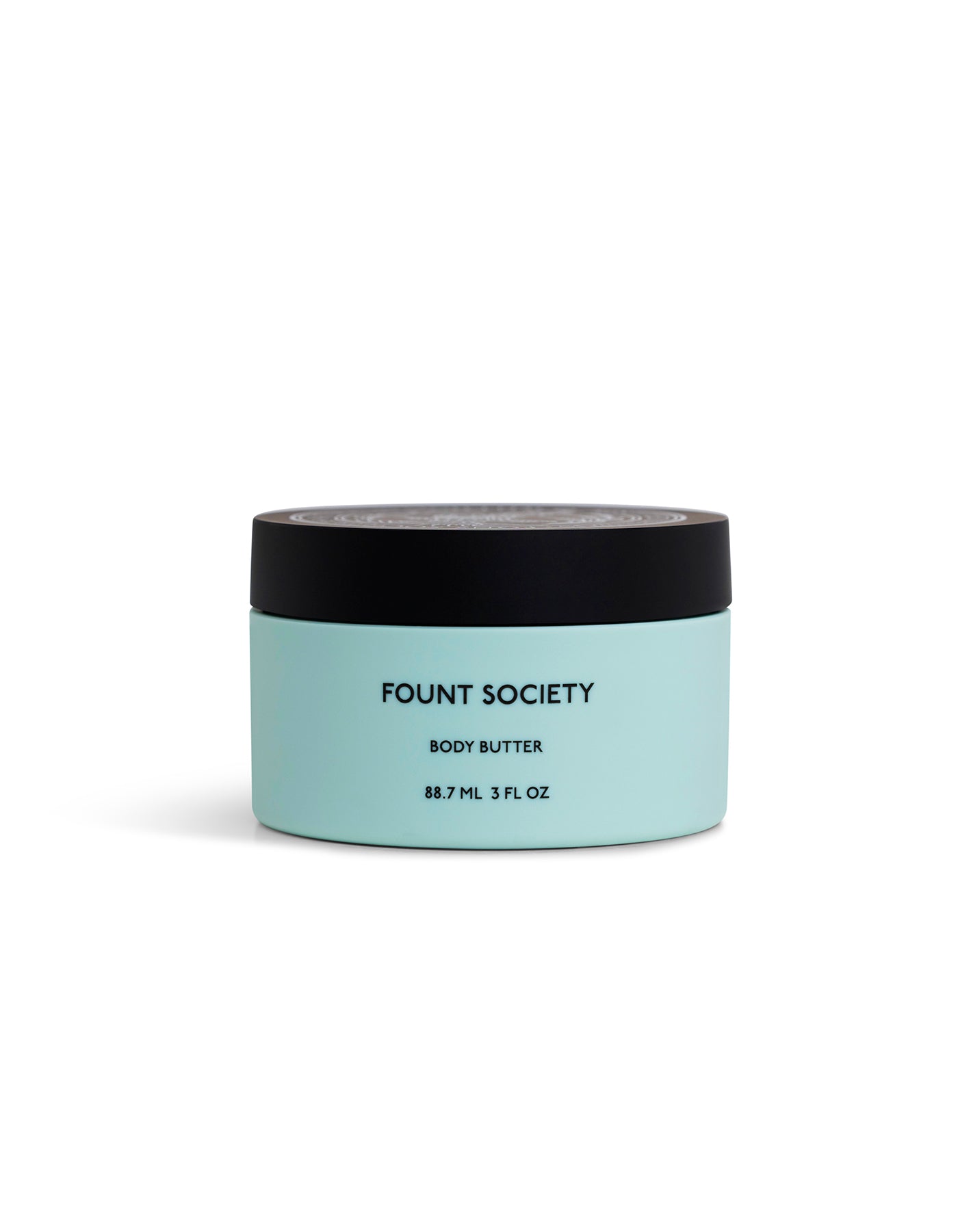 Light blue container of Fount Society Mini Body Butter with black lid labeled 'Found Society' on a white background |Size:Mini