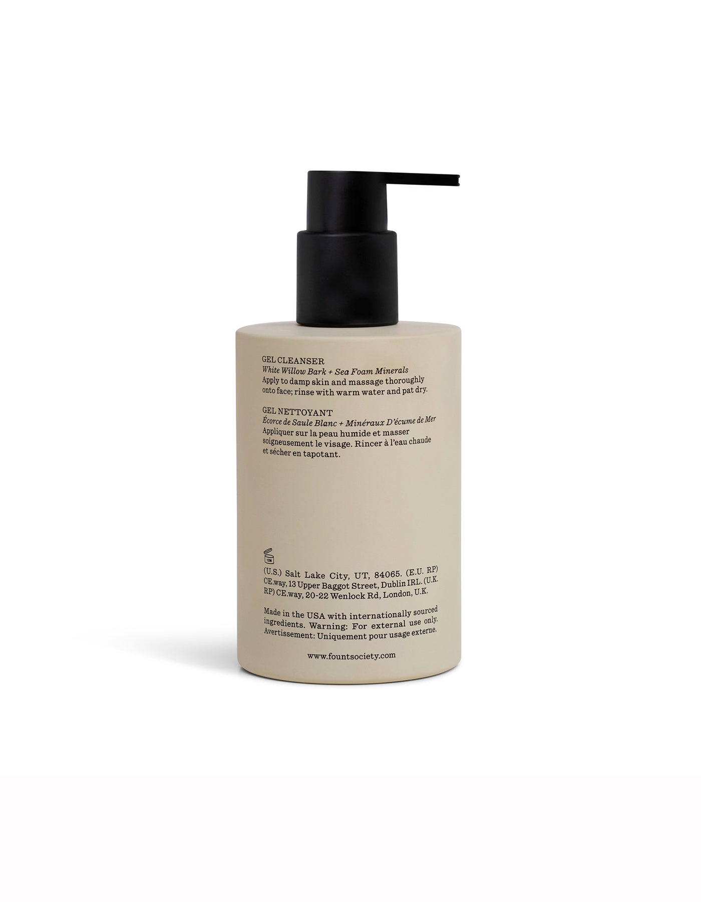 A pump bottle of Fount Society Gel Cleanser turned to the back. |Size:Full Size