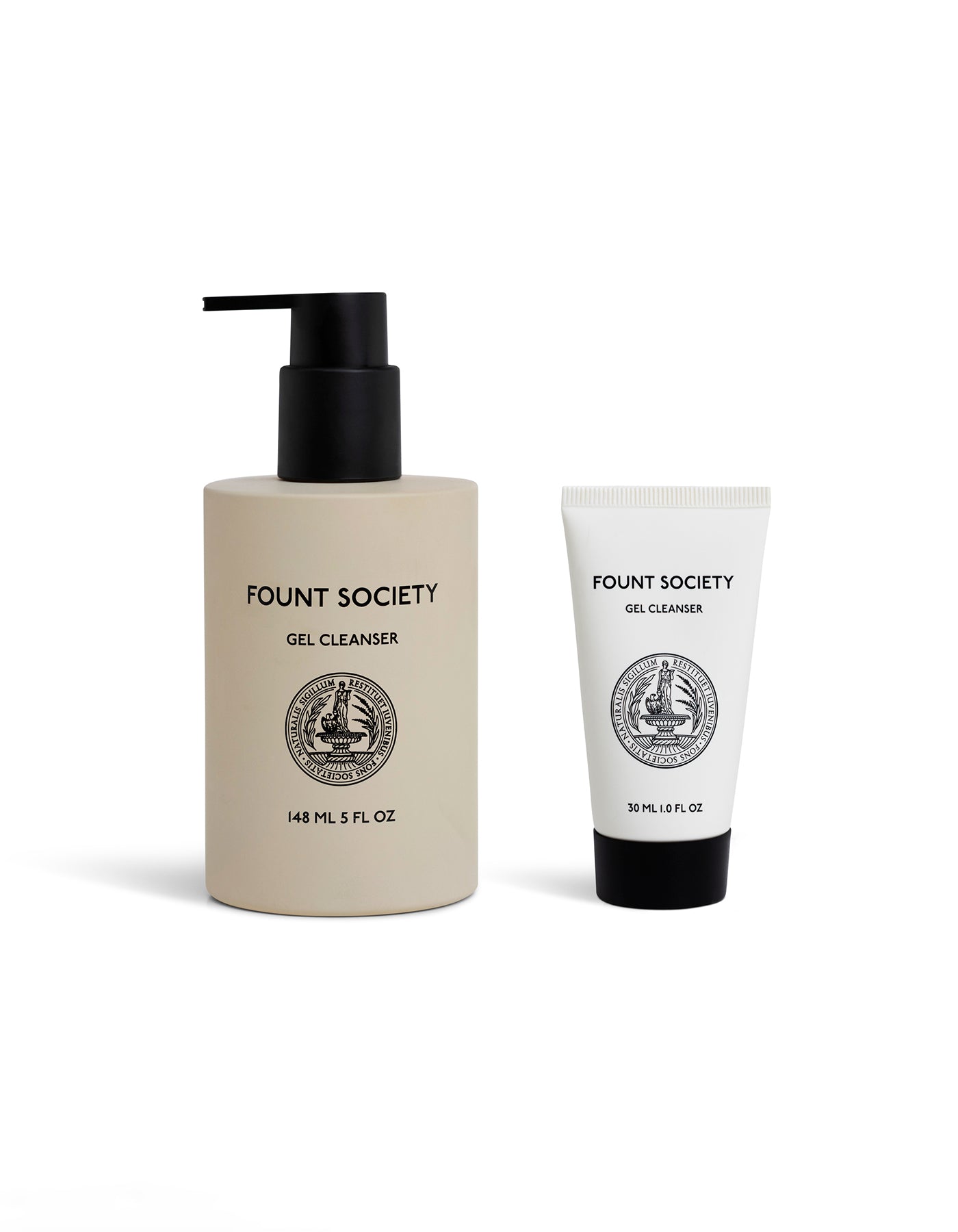 Foount Society gel cleanser bottle and tube on a white background |Size:Full Size