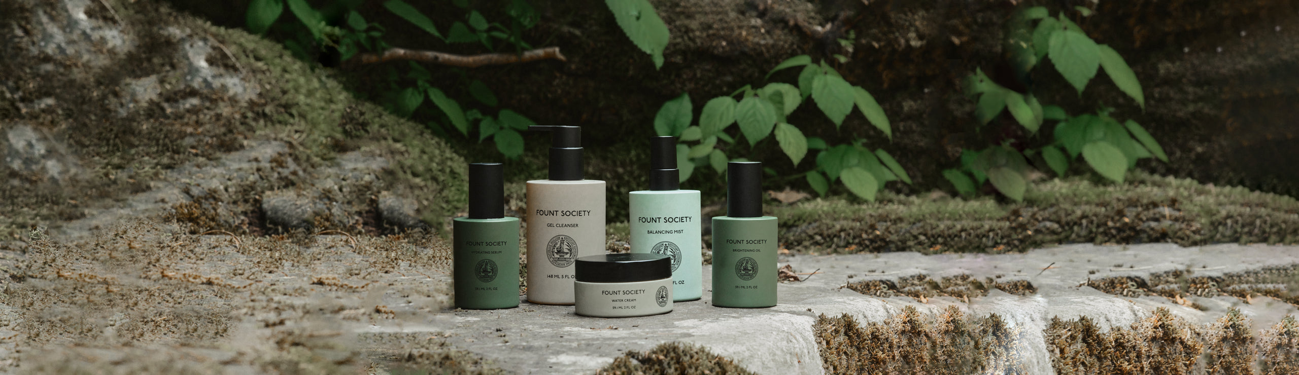 Lineup of Fount Society products in nature.